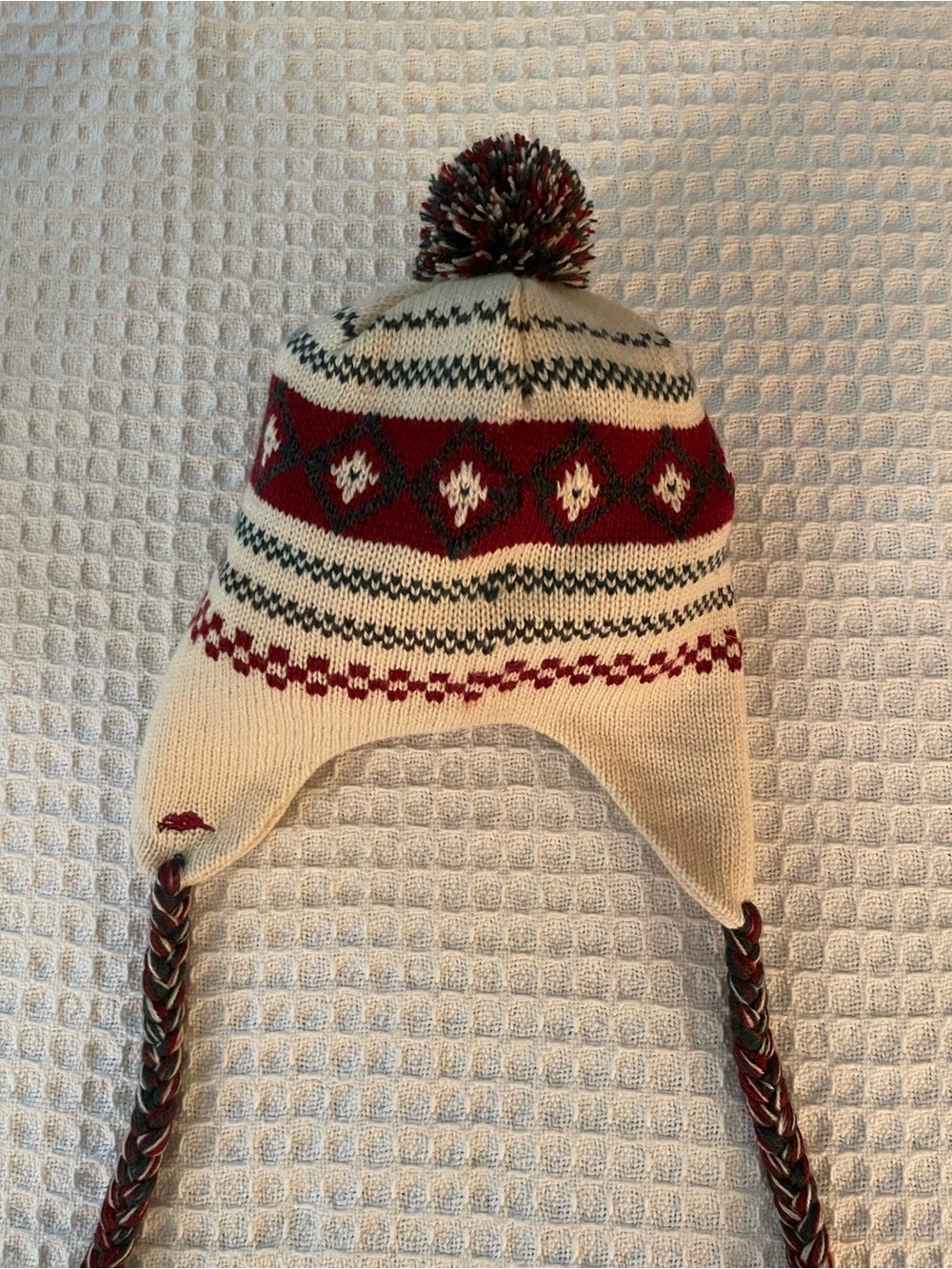 Roots Cream, Red and Green Kids Knit Earflap Hat with Pom